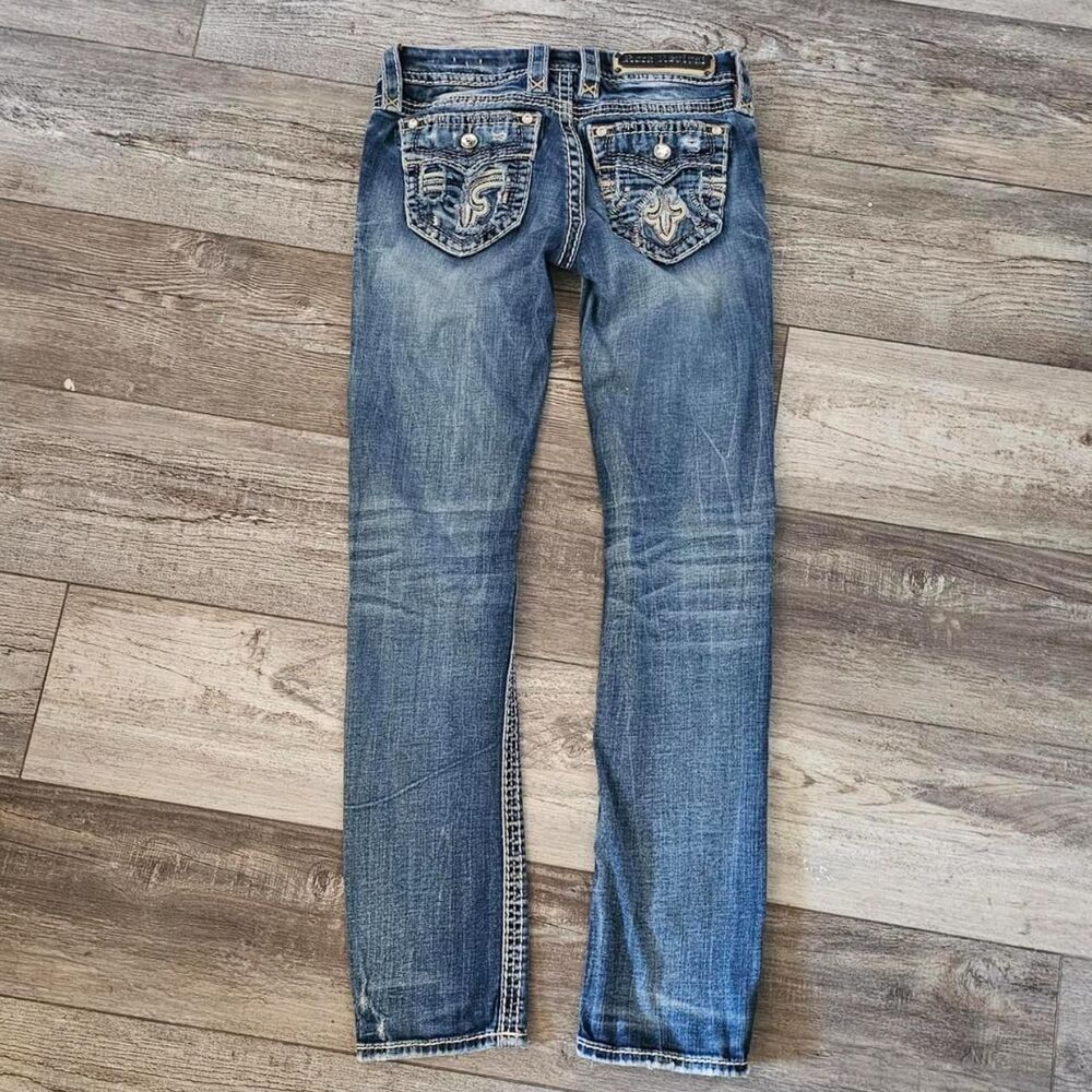 rock revival light wash blue denim low rise straight leg jeans